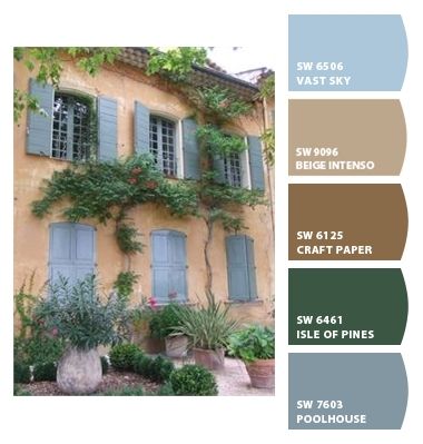 Paint colors from ColorSnap by Sherwin-Williams Farmhouse With Shutters, Italian Color Palette, Stucco Exterior, Rustic Italian, Paint Color Palettes, Exterior Paint Colors For House, Italian Villa, Italian Colors, House Paint Exterior