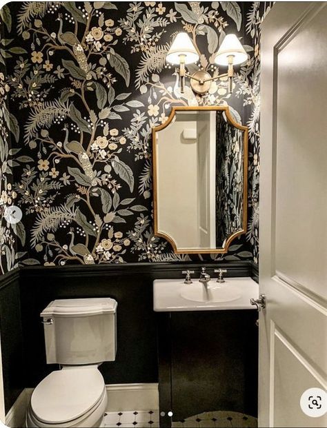 Help decorating a non-traditional half bathroom dimensions. Black Bathroom Beadboard, Maximalist Half Bath, Half Bathroom Dimensions, French Black And White Bathroom, Earthy Half Bath, Half Bath Reno, Dark Half Bathroom Ideas, Small Half Bathroom Ideas Wallpaper, Dark Half Bath