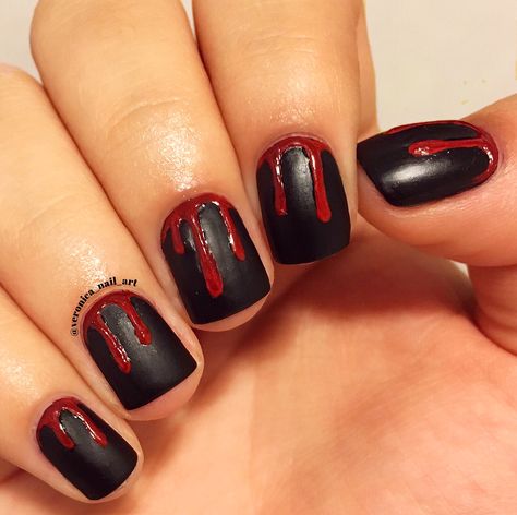 Blood drip matte black nail art for Halloween Blood Dipped Nails, Blood Red Halloween Nails, Matte Black Halloween Nails Short, Black And Red Blood Drip Nails, Black Nails With Blood Drip, Halloween Nail Designs Blood, Halloween Nails Michael Myers, Red Black Halloween Nails, Black Blood Nails