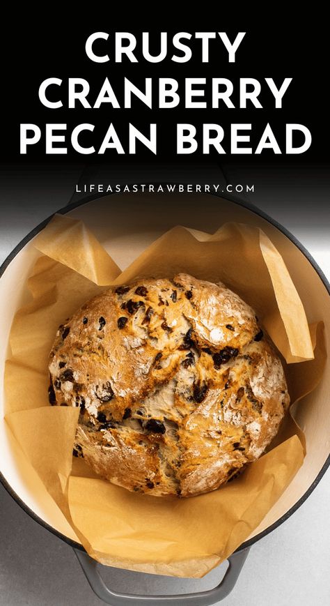 This easy cranberry pecan bread is ready in just a few hours! It gets a crusty, crackly crust by baking in a Dutch oven (although we also include resources to bake bread without a Dutch oven, so don't worry if you don't have one!) Start with our basic, fan-favorite bread dough, then add some dried cranberries and toasted pecan pieces for a fun spin. Perfect for Thanksgiving, Christmas, or any holiday celebration! Includes step by step photos and tons of notes, substitution ideas, and tips. Cranberry Pecan Bread Recipe, Cranberry Pecan Bread, Pecan Bread Recipe, Crusty Bread Recipe, Cranberry Walnut Bread, Cranberry Bread Recipes, Pecan Bread, Winter Baking, Dutch Oven Bread