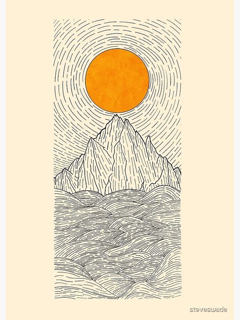 "The sun over the mountain waves" Art Print by steveswade | Redbubble Natural Design Elements, Sunrise Line Art, Sun Texture Art, Colorful Simple Art, Sun Light Tattoo, Lines Art Drawings, Fine Line Art Drawings, Line Art Drawings Doodles, Line Art With Color