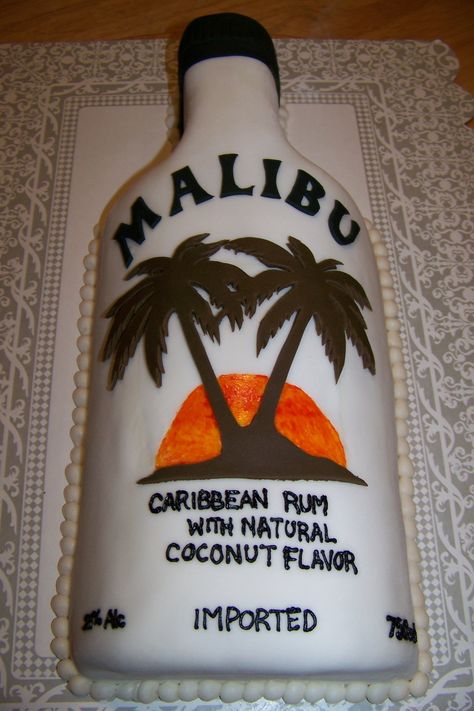 Malibu rum bottle cake. Vanilla cake with buttercream filling. Covered... Rum Bottle Cake, Rum Birthday Cake, Malibu Rum Cake, Beer Themed Cake, Pineapple Rum Drinks, Booze Cake, Vanilla Cake With Buttercream, Thomas Cakes, Pink Baby Shower Cake