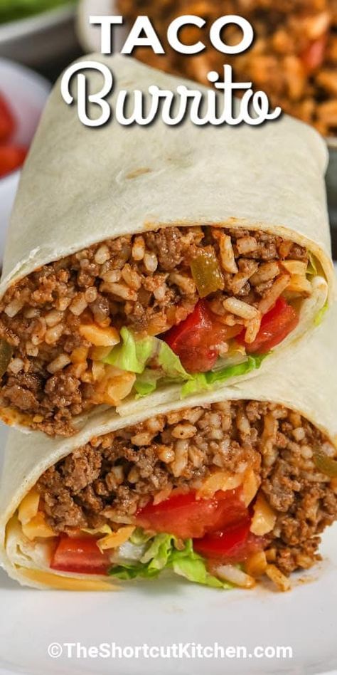 Taco burrito cut in half with a title Slow Cooker Burrito Filling, Beef And Cheese Burrito Recipe, Grilled Stuffed Burrito Recipe, 7 Layer Burrito, Burrito Night, Seasoning Rice, Burritos Beef, Soft Tacos Recipes, Beef Burrito Recipe