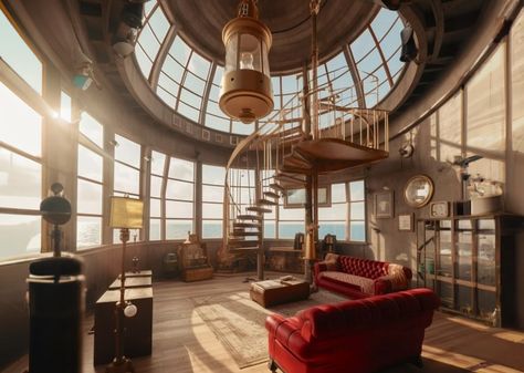 Tower Room Interior, Inside Of A Lighthouse, Lighthouse House Interior, Lighthouse Home Interior, Lighthouse Interior Design, Inside Lighthouse, Lighthouse Interior, Lighthouse House, Lighthouse Home