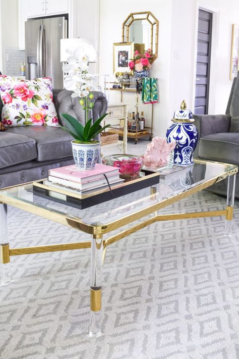 5 Chic & Glam Coffee Table Decor Ideas - Monica Wants It Glam Coffee Table Decor, Living Room End Table Decor, Coffee Table Styling Ideas, Glass Coffee Table Decor, Round Coffee Table Decor, Table Styling Ideas, Lucite Coffee Table, Glam Coffee Table, Coffee Table Decor Ideas