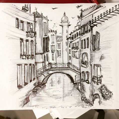 Venice Italy Venice Sketch, 1 Point Perspective Drawing, Italy Sketches, Perspective Reference, 1 Point Perspective, Italy Landscape, Building Drawing, Beautiful Art Paintings, Point Perspective