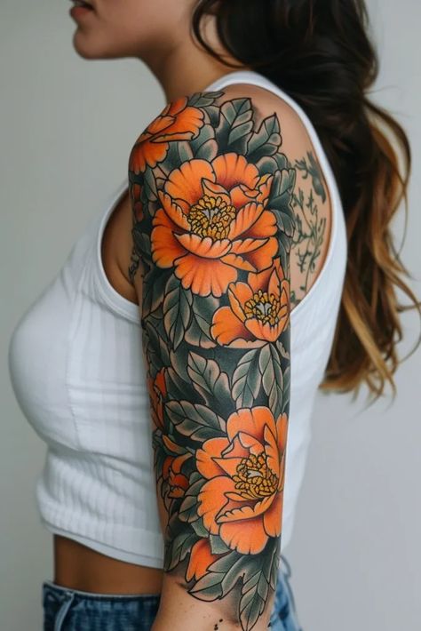 Meaning Of Carnation Flower Tattoo | 200+ Carnation Flower Tattoo Designs Marigold Sleeve Tattoo, Carnation Flower Tattoo Traditional, Mexican Floral Tattoo, Mexican Flowers Tattoo, Cactus Tattoo Sleeve, Crisanthiums Flower Tattoo, Orange Flower Tattoo, Cactus Flower Tattoo, Mums Tattoo