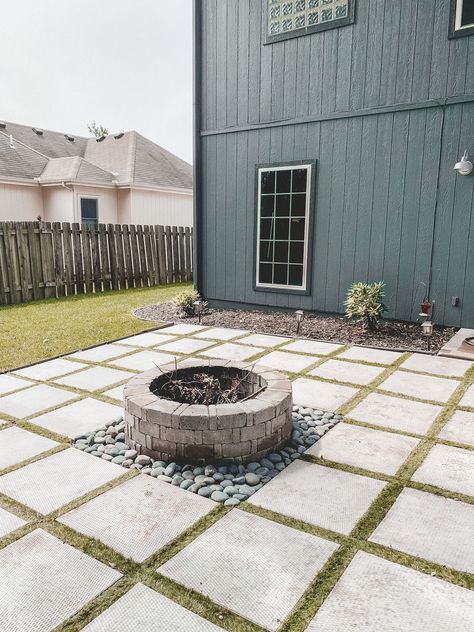 DIY patio with grass between pavers and a fire pit! Paver Fire Pit Diy, Patio With Pavers And Fire Pit, Paving Stone Fire Pit Area, Build A Fire Pit Area, Grill Paver Patio, Backyard Landscaping For Renters, Outdoor Patio With Pavers, Outdoor Patio Ideas With Pavers, Pavers Fire Pit Area