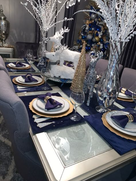 Blue And Gold Christmas Dining Table Decor, Blue And Gold Dining Room Decor, Blue Gold White Christmas Decor, Blue And Gold Dining Room Table Settings, Blue And Gold Christmas Table Decor, Blue Christmas Dining Table Decor, Christmas Table Settings Blue, White And Blue Christmas Decorations, Blue Christmas Table Decor