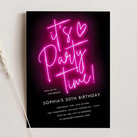 Create your own Invitation | Zazzle Neon Party Themes, Neon Party Invitations, Pink Birthday Invitations, Pink Invite, 13th Birthday Invitations, Pink Neon Lights, Glow Birthday Party, Bday Invitations, Neon Birthday