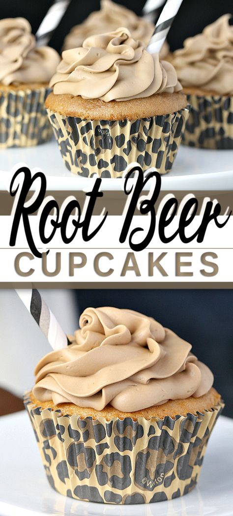 These ROOT BEER CUPCAKES with cream cheese icing are a hit with adults and kids alike, in taste and looks. First your nose picks up the classic root beer scent, then the flavour mildly hits tasting like a root beer float, so classic and delicious! #rootbeer #rootbeercupcake #cupcakes #dessertrecipe #cupcakerecipe #rootbeercupcakes Gormet Cupcakes, Root Beer Cupcakes, Rootbeer Float Cupcakes, Beer Cupcakes, Frost Cupcakes, Beer Float, Root Beer Float, Cream Cheese Icing, Köstliche Desserts