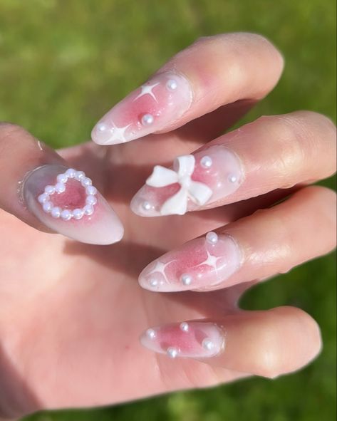 #gelnails #koreannailart #nails #naildesign #coquette #aesthetic Fake Nails Designs Pink, Nail Extension Designs Coquette, Cocette Nail Ideas, Croquette Nails Aesthetic, Gel Nails With Charms, Couqutte Nail Ideas, Wonyoung Nails, Coquette Nails Aesthetic, Nails Charms