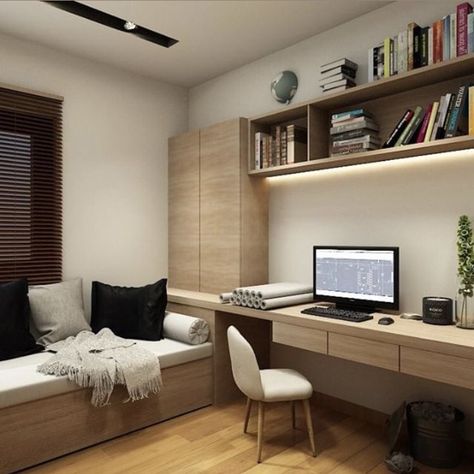 Study Room With Couch, Day Bed Office Combo, Office Bedroom Combo, Bedroom Window Design, Box Room Bedroom Ideas, Modern Guest Bedroom, Guest Bedroom Home Office, Modern Home Offices, Bedroom Wall Designs