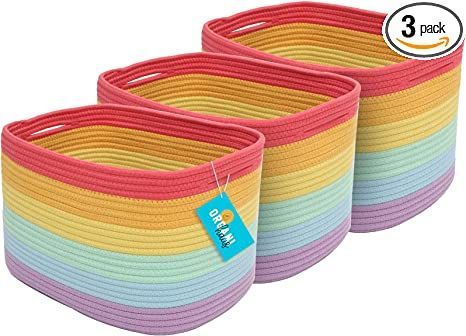 3 pack of storage bins, perfect for baby room Pink Storage Bins, Baby Storage Baskets, Basket For Toys, Rainbow Room Decor, Storage Baskets For Shelves, Rope Rainbow, Nursery Storage Baskets, Baskets For Storage, Towel Basket