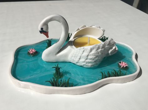 Swan Candle Holder, Wall Decor With Clay, Candle Holder Clay Diy, Clay Diyas For Diwali, Clay Swan, Mouldit Clay Art, Polymer Clay Candle Holder, Candle Holder Clay, Clay Holder