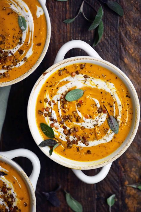 Curried Root Vegetable Soup (Vegan) | Crowded Kitchen Cold Weather Comfort Food Recipes, Sage Soup, Roasted Lentils, Root Soup, Root Vegetable Soup, Vegan Vegetable Soup, Butternut Squash Sweet, Cold Weather Comfort Food, Cold Weather Food