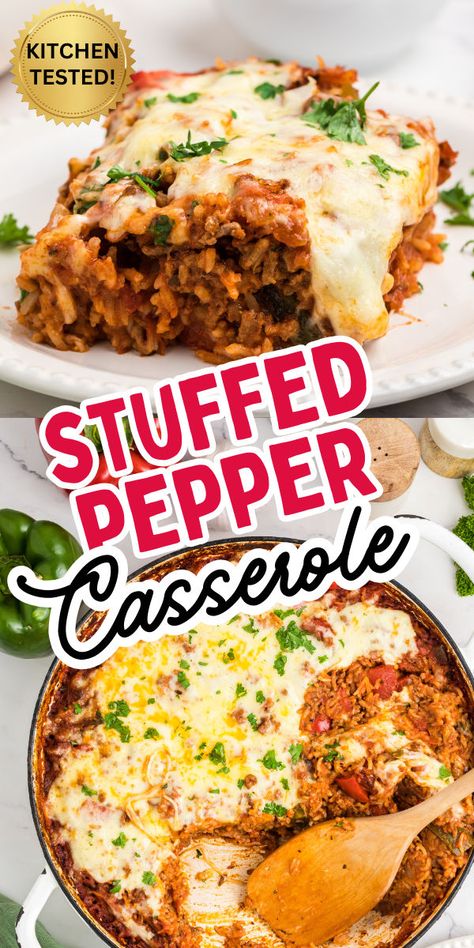 Stuffed pepper casserole on a white plate. Unstuffed Bell Pepper Casserole, Deconstructed Stuffed Peppers, Bell Pepper Casserole, Pepper Casserole, Easy Stuffed Peppers, Ground Beef Rice, Stuffed Pepper Casserole, Ground Beef Casserole Recipes, Beef Rice