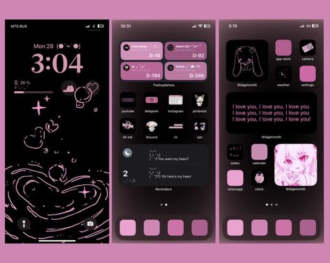 Pink And White Iphone Layout, Home Screen Layout Iphone Pink And Black, Black And Pink Ios Layout, Ios 16 Home Screen Ideas Pink And Black, Homescreen Ideas Pink And Black, Phone Theme Inspiration, Pink Themed Phone Layout, Pink And Black Iphone Layout, Black And Pink Ios 16 Homescreen