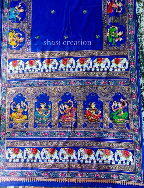 Handpainting pattachitra saree Pattachitra Border Design, Pattachitra Saree, Sari Painting, Pants Painting, Pattachitra Paintings, Art Forms Of India, Phad Painting, Painted Saree, Mysore Painting