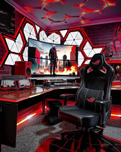 Setup Gamer Aesthetic, Rgb Gaming Setup, Gaming Desk Designs, Workstation Setup, Gamers Room, Pc Room, Gaming Rooms, Gaming Desk Setup, Boys Bedroom Makeover