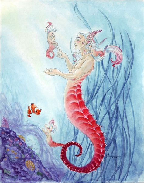 One of nature's greatest dads, the seahorse, and some of his little kiddies. Baby Seahorse, Mermaid Artwork, Mermaid Swimming, Mermaid Pictures, Fairytale Fantasies, Mermaid Tale, Skull Painting, Mermaids And Mermen, Baby Mermaid