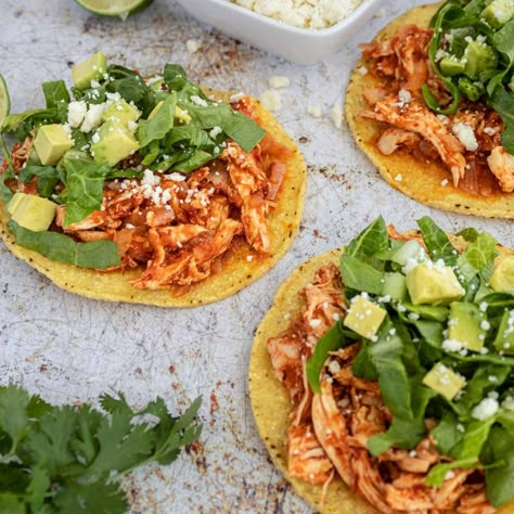 Chicken tinga tostadas are packed with flavor and absolutely delicious! Try our variations: tostadas de camaron (shrimp) or baked tostadas. Chicken Tinga Tostadas, Tinga Tostadas, Baked Tostadas, Tinga Recipe, Chicken Tinga Recipe, Summer Pasta Dishes, Tostada Recipes, Chicken Tinga, Chicken Tostadas