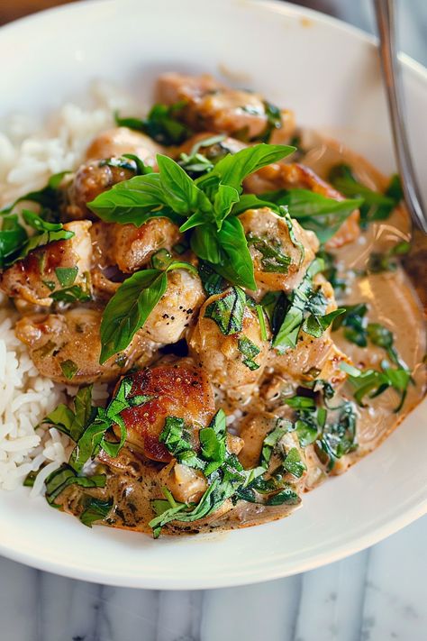 Enjoy Creamy Coconut Curry Basil Chicken: a quick, flavorful fusion of spices and coconut, ready in 30 minutes for a comforting meal. Spiced Coconut Basil Chicken With Rice, Spiced Coconut Basil Chicken, Basil Chicken In Coconut Curry Sauce, Coconut Curry Chicken Crockpot, Curry Chicken Thighs, Creamy Coconut Curry, Alpha Gal, Coconut Curry Sauce, International Dishes