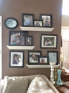 A different way of displaying photos. Would be easier to add to than hanging individuals..kinda like this. Collage Ideas, Shelf Ideas, A Living Room, New Wall, My New Room, Wall Collage, Home Deco, Home Organization, Home Projects