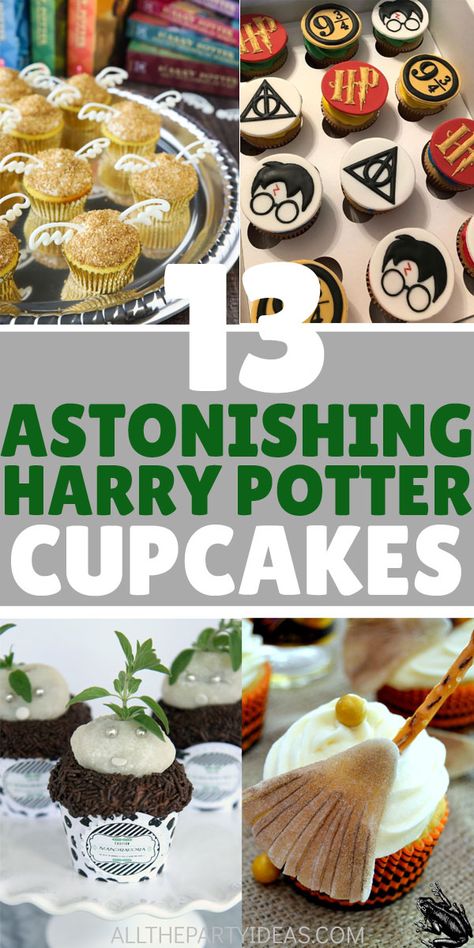 Best HARRY POTTER CUPCAKES for kids, teens, adults, both boys and girls. How to make simple DIY Harry Potter sweets, desserts for birthday party, baby or bridal shower, wedding, or Halloween nerd friends. Sorting hat, Gryffindor, Slytherin, Ravenclaw, Hufflepuff Hogwarts house colors, Hedwig owl, mandrake, golden snitch, unicorn, broom, wand, glasses, spell books, other ideas. Pull apart or baking tower display. Free printable toppers, liners, wrappers. See food recipes with pumpkin pasties, etc Snitch Birthday Cake, Harry Potter Pull Apart Cupcakes, Desserts For Birthday Party, Harry Potter Cupcakes Ideas, Harry Potter Sweets, Harry Potter Motto Party, Harry Potter Cupcake Toppers, Harry Potter Desserts, Cupcakes For Kids