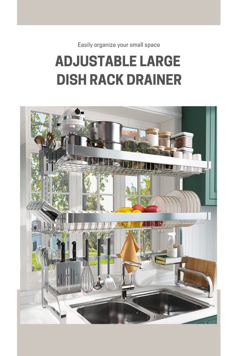 This Over Sink Dish Drying Rack is adjustable (25.6"-35.5") has 3 Tier large dish rack drainer for kitchen storage and counter organizer. Made of Stainless Steel Shelf and comes with a utensil holder and 10 hooks. #affiliate Over Sink Dish Drying Rack, Sink Dish Drying Rack, Organiser Cucina, Kitchen Sink Storage, Sink Dish Rack, Dish Drying Rack, Sink Sizes, Utensil Storage, Dish Storage