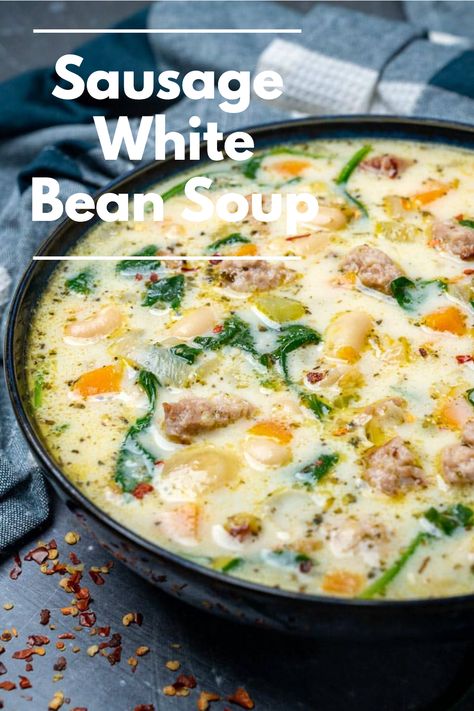 Hearty sausage and creamy white beans come together in this soup, offering a delightful dining experience that's ideal for cool nights. Sausage White Bean Soup, Sausage And White Beans, White Bean Sausage Soup, Sausage And White Bean Soup, Sausage White Bean, Bean And Sausage Soup, Spinach Soup Recipe, White Bean Recipes, Comfort Recipes