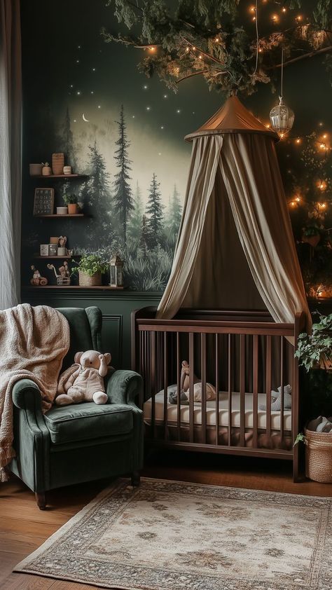 cozy forest-themed nursery with dark green walls, canopy, and starry lights Woodland Animals Bedroom, Disney Forest Nursery, Sage Green Forest Nursery, Dark Green Baby Girl Nursery, Pagan Nursery Ideas, Mythical Nursery Theme, Ghibli Themed Nursery, Cozy Green Nursery, Nursery Ideas Mural