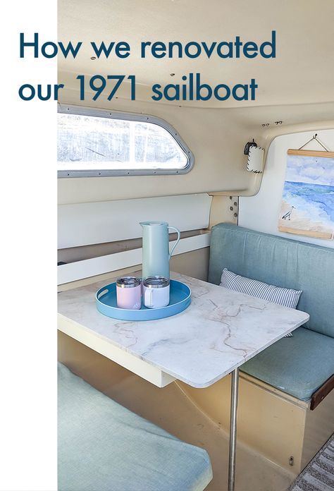 How we renovated our 1971 sailboat (before/after) Sailboat Cabin Makeover, Diy Boat Interior Ideas, Boat Bathroom Remodel, Diy Boat Interior, Boat Restoration Diy Interior, Sailboat Interior Remodel, Cabin Cruiser Boat Interiors, Boat Restoration Diy, Boat Interior Remodel