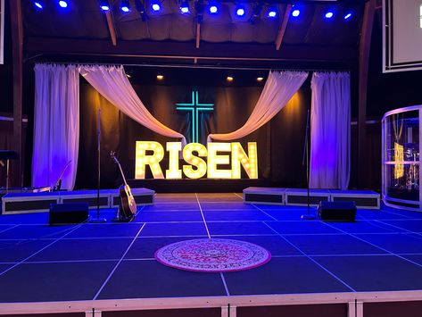 Church stage design for Easter FSBC Resurrection Decorations Church, Worship Set Design, Easter Stage Decor, Easter Church Stage Design, Church Easter Decorations Sanctuary, Easter Sunday Church Decorations, Church Backgrounds Stage Design, Church Sanctuary Decor Interiors, Easter Stage Design