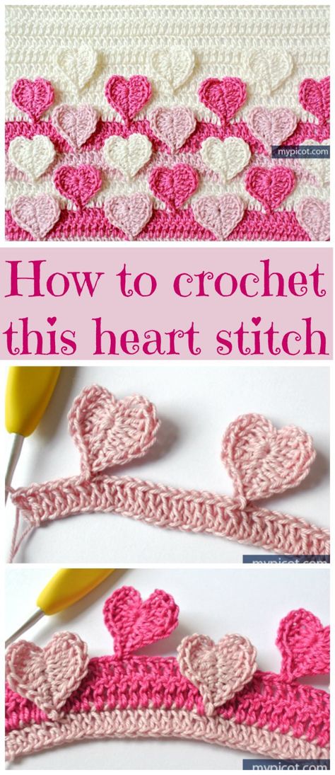 How to crochet this heart stitch. Ideal for Valentines, weddings and anniversaries. Step by step photos, tutorial and a diagram. Heart Crochet Blanket, Crocheted Hearts, Crochet Heart Blanket, Heart Stitch, Crochet Flower Blanket, Heart Crochet, Confection Au Crochet, Crochet Blanket Pattern, Crochet Simple