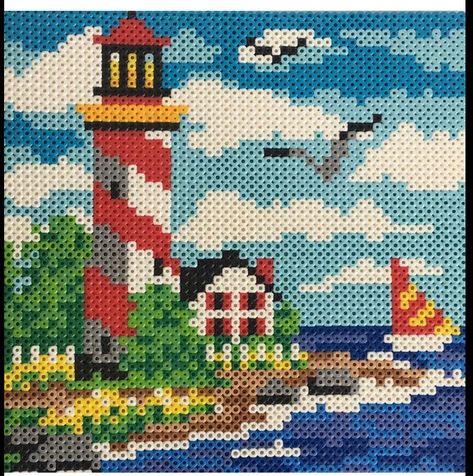 Perler Bead Landscape, Perler Beads Ocean, Beach Perler Beads, Seashell Perler Bead Patterns, Lighthouse Perler Beads, Pearl Plates, Hama Art, Pixel Beads, Fuse Bead Patterns