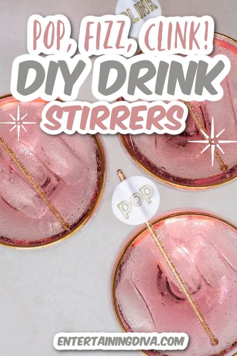 I love these glam gold Pop Fizz Clink DIY drink stirrers. They look so pretty in my champagne cocktails. Perfect for all kinds of parties like bachelorette parties, Valentine's Day and birthday parties. Diy Drink Stirrers, Champagne Jello Shots, Cocktail Stirrers, Champagne Drinks, Champagne Cocktails, Christmas Cocktail Party, Easy Party Decorations, Potluck Dinner, Party Cocktails