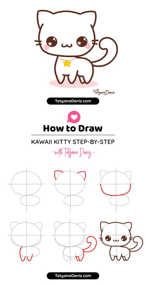 How to draw kawaii cat drawing tutorial Cute Cat Drawing Easy, Draw Kawaii, Simple Cat Drawing, Kawaii Cat Drawing, Cat Drawing Tutorial, Family Bike, Chat Kawaii, Cat Steps, Easy Drawing Tutorial