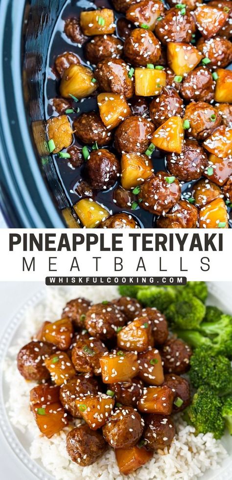 a slow cooker full of pineapple teriyaki meatballs and a plate with meatballs, broccoli, and rice Crock Pot Teriyaki Meatballs, Hawaiian Teriyaki Meatballs, Teriyaki Pineapple Meatballs Crockpot, Amylu Chicken Pineapple Meatballs Recipes, Aidells Teriyaki Pineapple Meatballs Recipe, Meatballs And Pineapple Crockpot, Teriyaki Meatball Recipes, Meatballs With Pineapple And Bbq Sauce, Teriyaki Meatballs And Rice