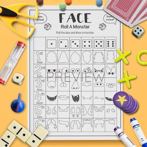 Monster Face 'Roll A Picture' Game Speaking Drawing, Roll A Monster, English Speaking Game, A Face Drawing, Primary Games, Speaking Games, Doubles Facts, Halloween Vocabulary, Esl Kids