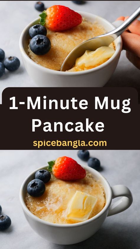 Perfect for your lazy mornings or having to rush for work, this fluffy 1 minute microwave pancake in a mug is the only recipe you need. Mug Pancake, Pancake In A Mug, Microwave Pancakes, Microwave Recipes Breakfast, Mug Dessert Recipes, Fast Easy Breakfast, Microwave Cooking Recipes, Microwave Mug Recipes, Easy Microwave Recipes