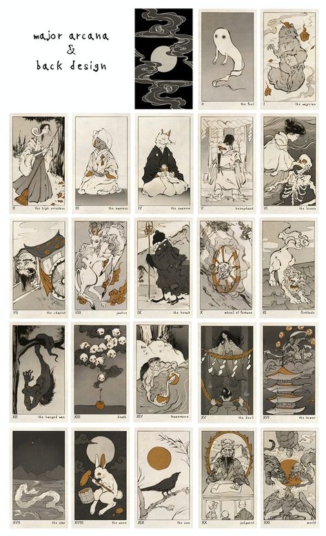 Japanese Yokai Drawing, Japanese Tarot Cards, Illustrated Tarot Cards, Illustration Tarot Cards, Character Card Design, Japanese Yokai Art, Yokai Design, Yokai Art, Tarot Illustration