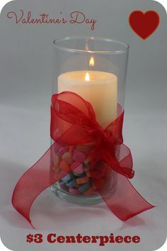 Check out my $3 Valentine's Day centerpiece! SO easy to make!! #valentinesday #holidays #craft Valentijnsdag Quotes, Valentine Centerpieces, Valentine Candles, Valentinstag Party, Valentine Day Wreaths, My Funny Valentine, Valentine Wedding, Valentines Party, Valentine Fun