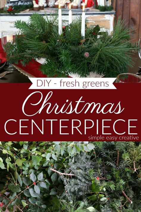 DIY Table Centerpiece made with Fresh Greens :: #christmastable #tablecenterpiece Greens Centerpiece, Christmas Centrepiece Ideas, Diy Christmas Centerpiece, Christmas Centrepieces, Winter Planters, Diy Christmas Table, Crafts Homemade, Homemade Gift Ideas, Diy Christmas Decorations For Home