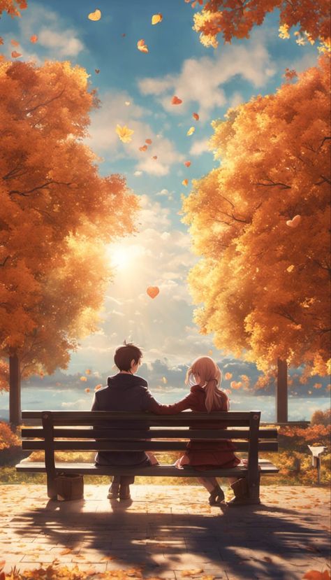 A cute couple sitting on a park bench on a sunny day in autumn with beautiful autumn colors and falling leaves Background Couple Aesthetic, Romance Anime Art Aesthetic, Cartoon Art Love Couple, Animated Couple Aesthetic, Anime Fall Aesthetic, Park Bench Aesthetic, Couple In Autumn, Fall Anime Aesthetic, Park Aesthetic Pictures