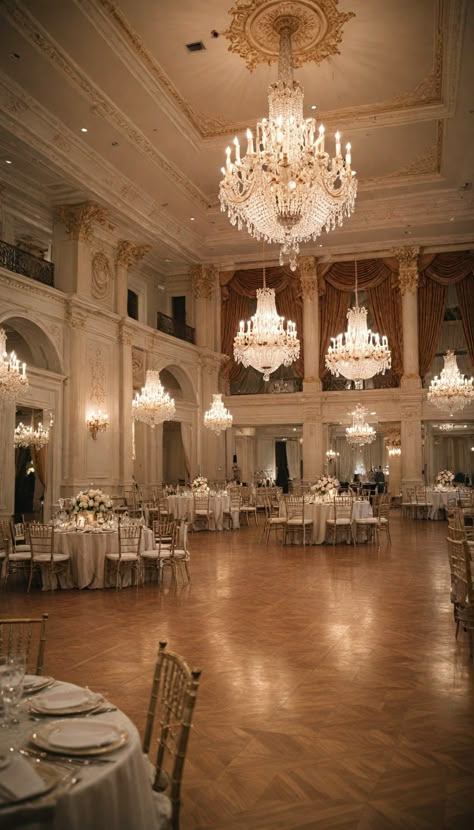 Experience the luxury of a grand ballroom wedding setup. Crystal chandeliers, elegant decor, and lavish details for a truly memorable day. #BallroomWedding #WeddingInspiration #LuxuryWedding #ElegantWeddings #GrandWedding #AIgenerated" Fairytale Ballroom Aesthetic, European Style Wedding Reception, Modern Ballroom Aesthetic, Elegant Indoor Wedding Ceremony, Wedding Venue Indoor Elegant, Wedding Auction Ideas, Wedding Venues Small Indoor, Fall Ballroom Wedding Reception, Classy Elegant Wedding Venues