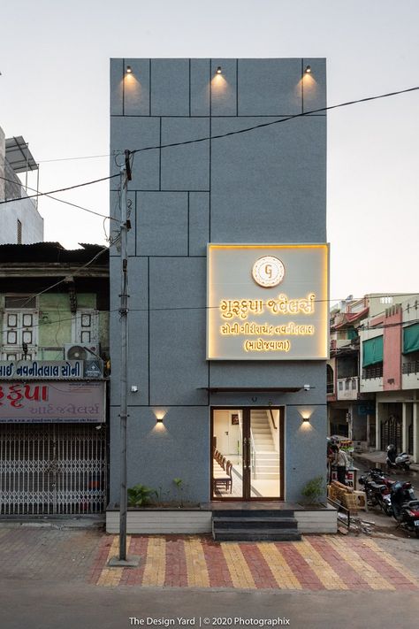 Jewellery showroom Design Enhanced Through The Idea Of Minimalist Luxury | The Design Yard - The Architects Diary Commercial Signage Exterior, Showroom Elevation Design, Clinic Facade, Restaurant Facade, Jewelry Showroom, Design Yard, Shop Exterior, Retail Facade, Front Wall Design