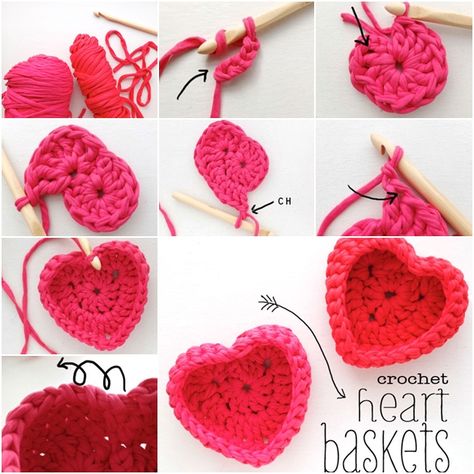 How to Crochet Heart Shaped Basket from Old T-shirts in 2 Ways Diy Crochet Heart, Diy Crochet Patterns, Crochet Heart Pattern, Thick Yarn, Crochet Diy, Crochet Heart, Crochet Basket, Crochet Patterns For Beginners, Heart Patterns