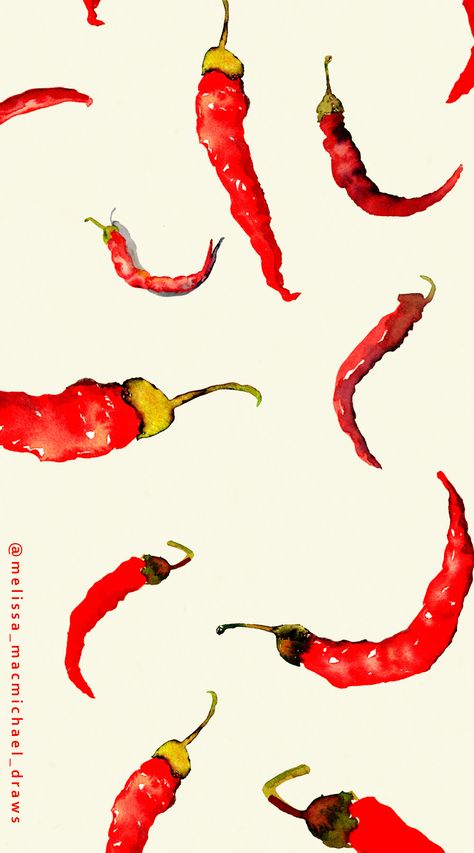 Cayenne Peppers from the garden hand painted by Melissa MacMichael. watercolor, Food, chili, chili pepper, cayenne pepper, hot pepper, Food illustration, Hot, Summer, Hot sauce, Spicy, 2021, Trend, Food trend, Garden, Gardening, Cook, pepper illustration, peppers, pattern, repeat patern #GardenerPainterCook Spicy Pepper Drawing, Chili Pepper Wallpaper, Chilli Pepper Illustration, Spicy Food Illustration, Chili Pepper Illustration, Spicey Illustration, Chili Illustration, Spicy Illustration, Pepper Illustration