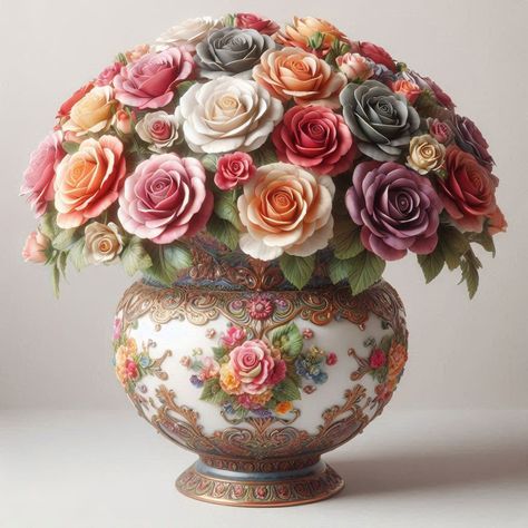 A stunning floral arrangement in an ornate, patterned ceramic vase. The bouquet features a variety of vibrant roses in shades of pink, orange, and red, as well as gray and white roses, all artfully arranged in a lush, full display. The vase is decorated with intricate, colorful floral patterns that complement the flowers. This image showcases the beauty and craftsmanship of both the flowers and the ceramic vessel. #artificialintelligence #imagecreator #photoshop #adobephotoshop #bingimagecre... Ceramic Vessel, Shades Of Pink, Floral Arrangement, Floral Patterns, Ceramic Vase, White Roses, Pink Orange, Bing Images, Floral Arrangements